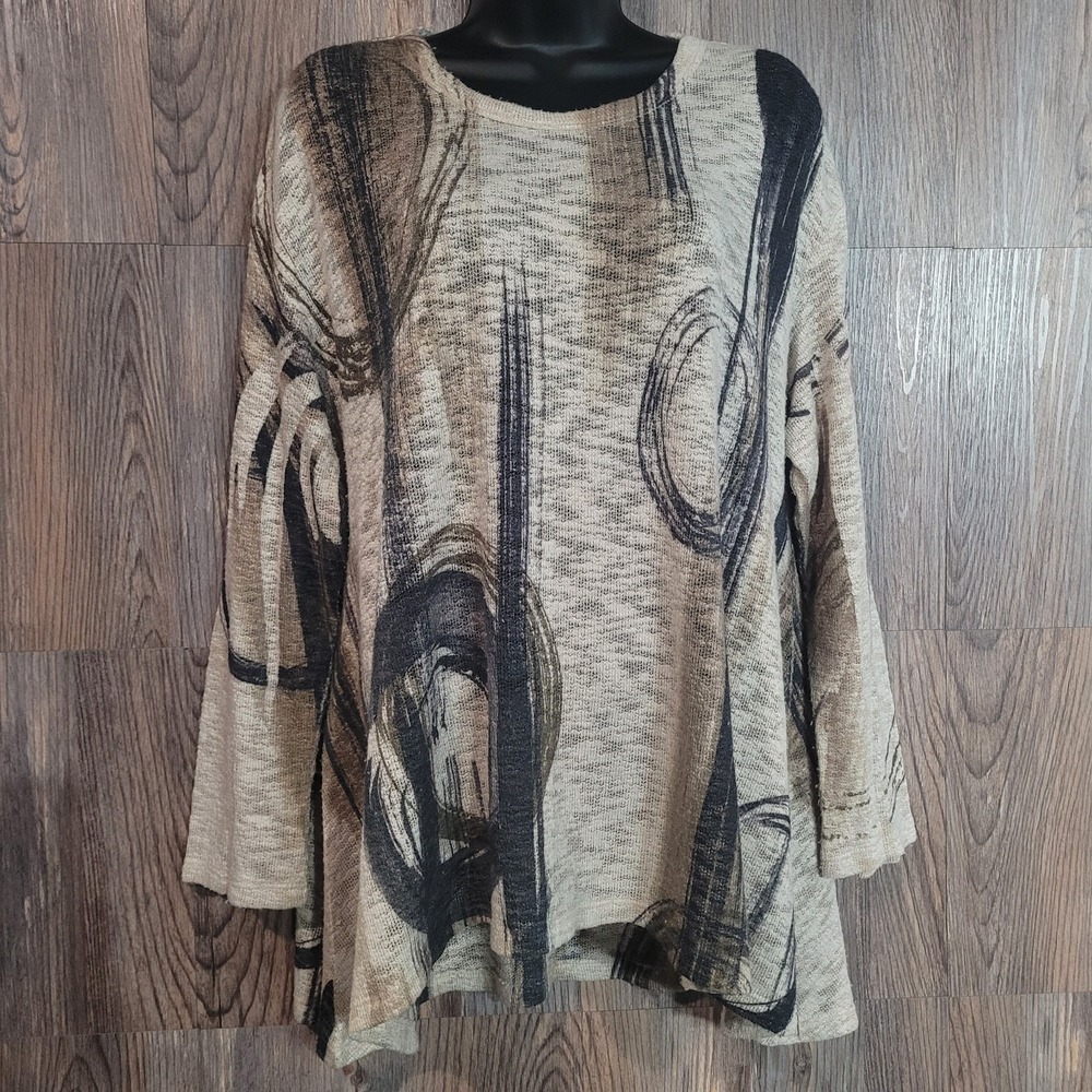 Jess & Jane Knit Top Size L Brown Multi Abstract 3/4 Sleeve Semi Sheer Artsy